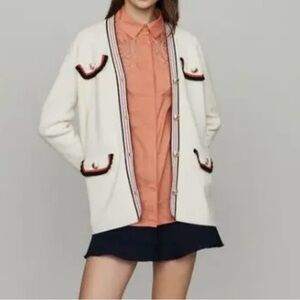 MAJE Mystere Stripe-trimmed Cardigan In Ecru size3(Large)
